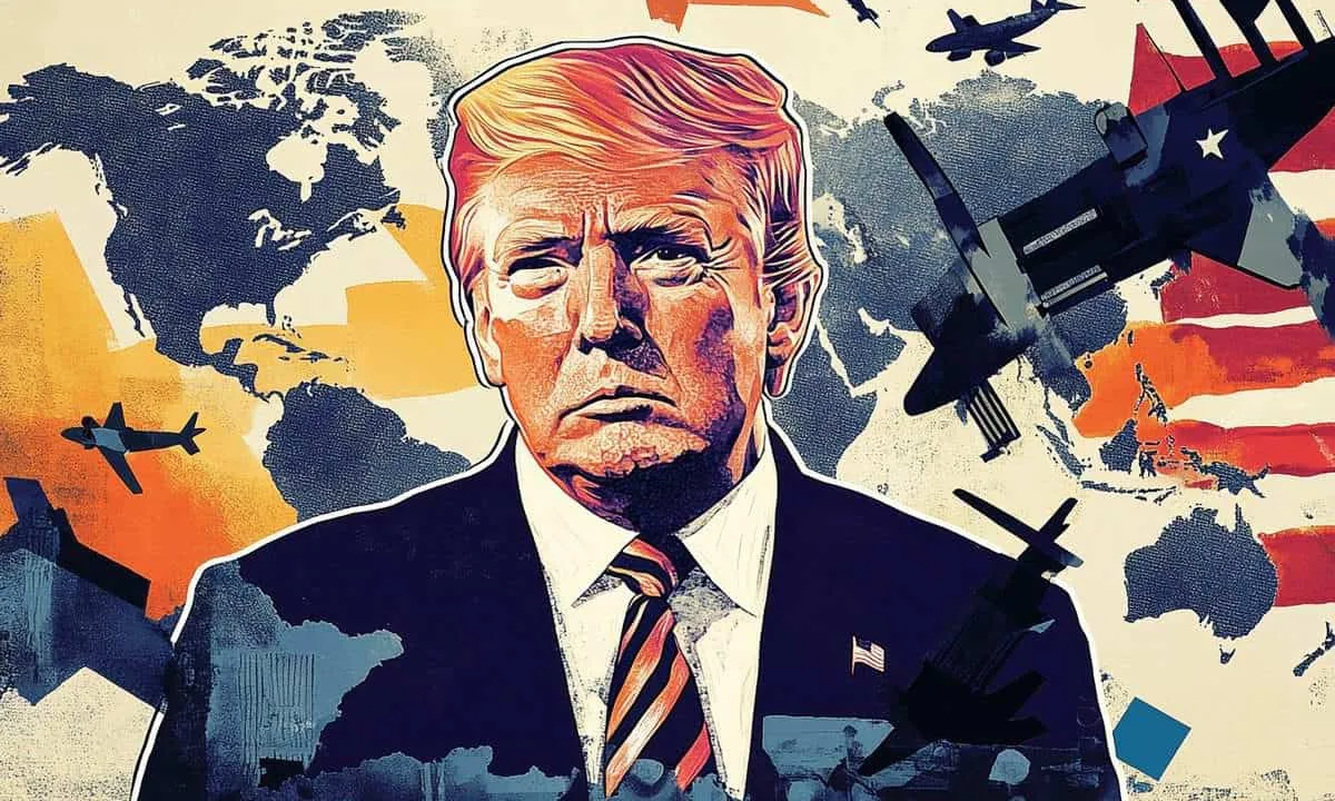 Illustration of Donald Trump in front of a world map with military aircraft.