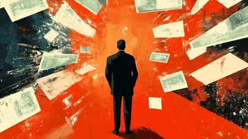 Silhouette of a man facing a chaotic background of falling banknotes.