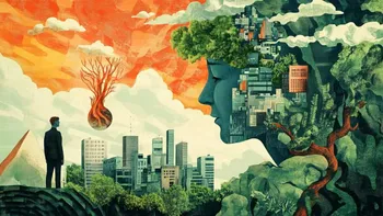 A man observes a surreal landscape with a city and a large face made of trees and buildings.