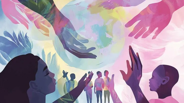 Diverse hands reaching towards a globe, symbolising global health efforts.
