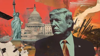 Collage of Donald Trump with the Statue of Liberty and the US Capitol on a red background.