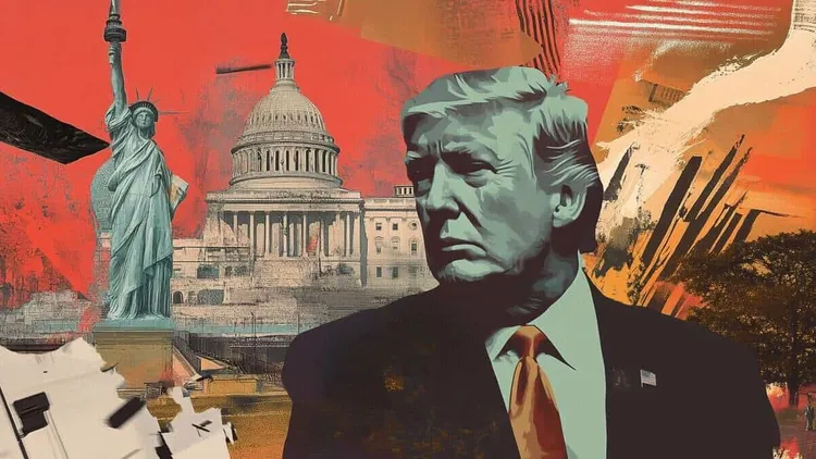 Collage of Donald Trump with the Statue of Liberty and the US Capitol on a red background.