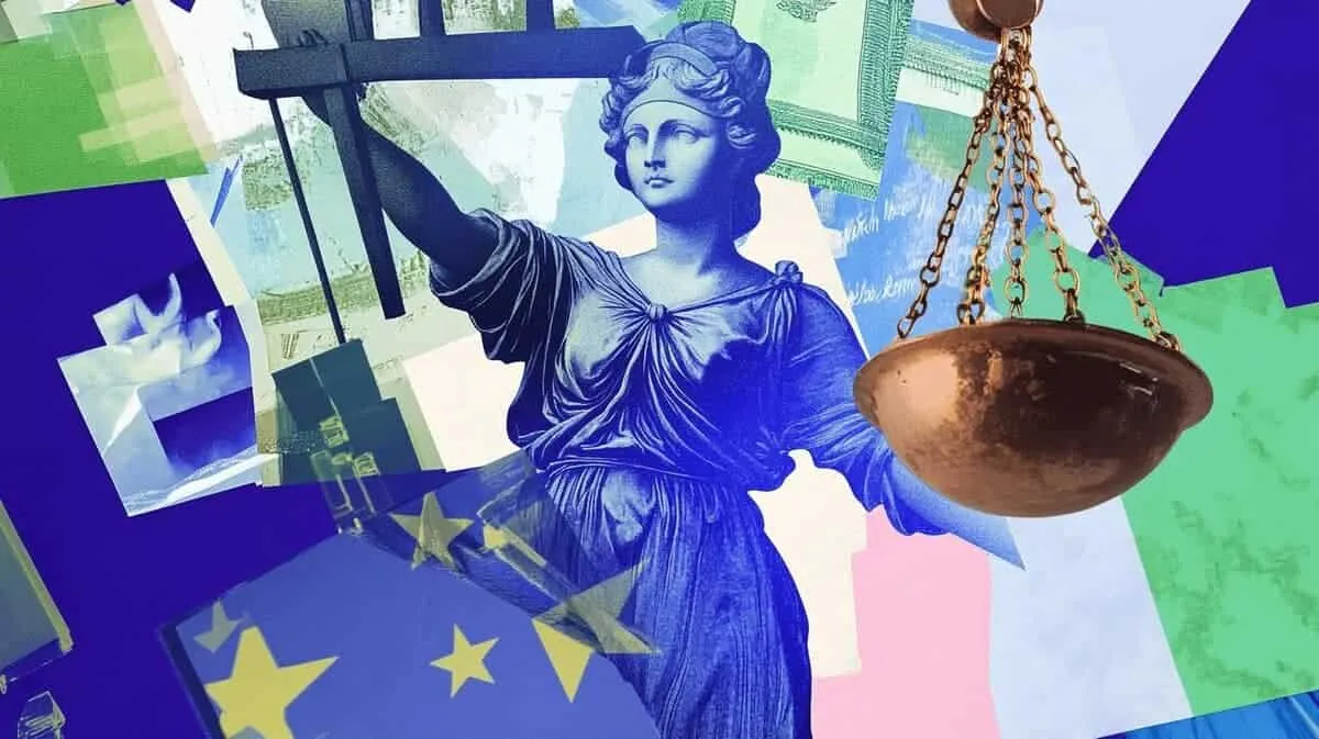 Lady Justice with scales and gavel, European Union flags in background.
