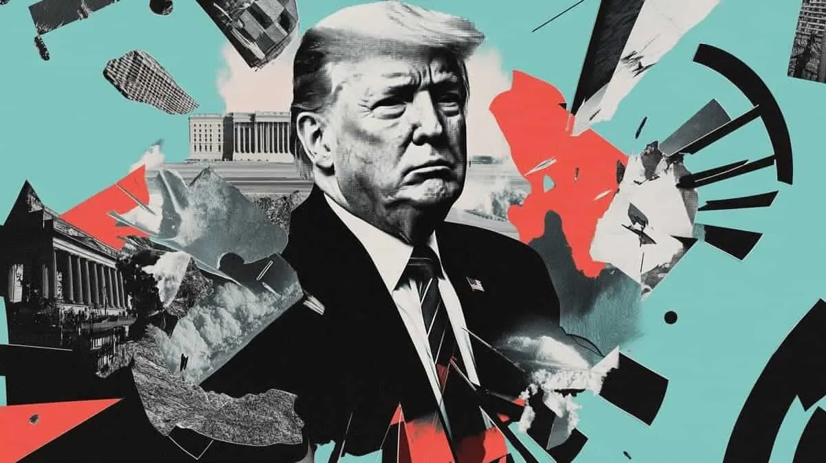 Black-and-white collage of Donald Trump amid shattered building fragments on a teal background.