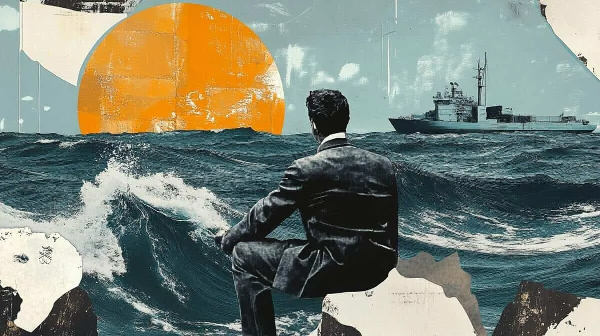 Man sitting on rocks, watching sunset over sea with ship in background.