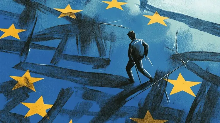 European Union flag with a cracked surface and a person walking across.