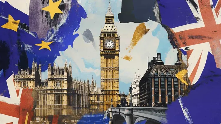 London landmarks with European and UK flags overlay.