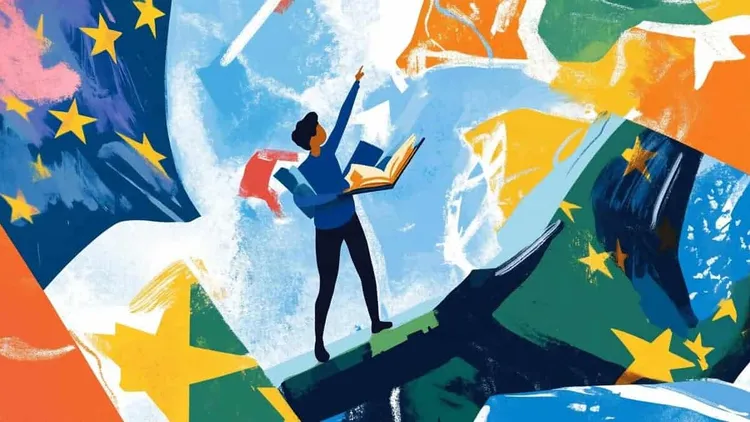 Person reading a book amidst EU flags and stars.