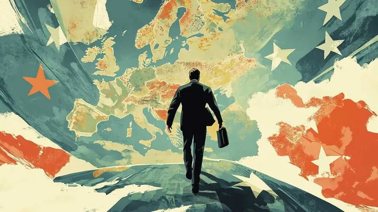 Man walking towards a map of Europe and the world, Social Europe.