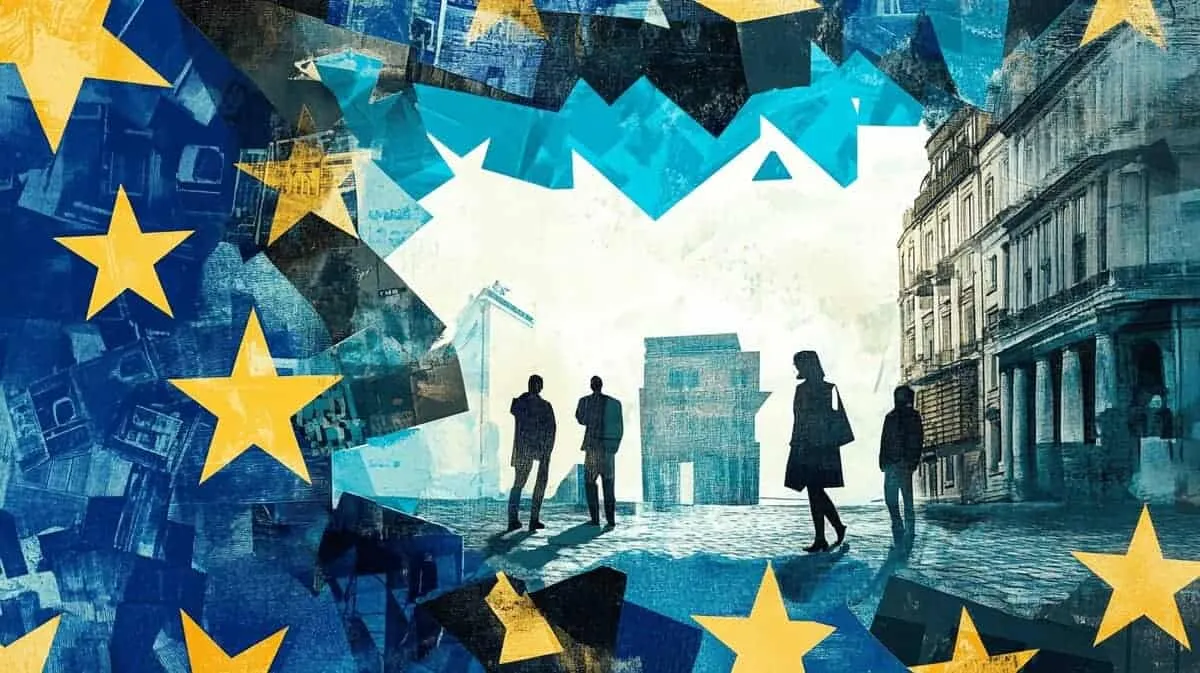 European Union flags overlaying a city street scene in London.