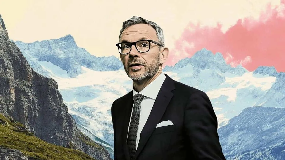 Man in suit and glasses, mountains background, Social Europe.