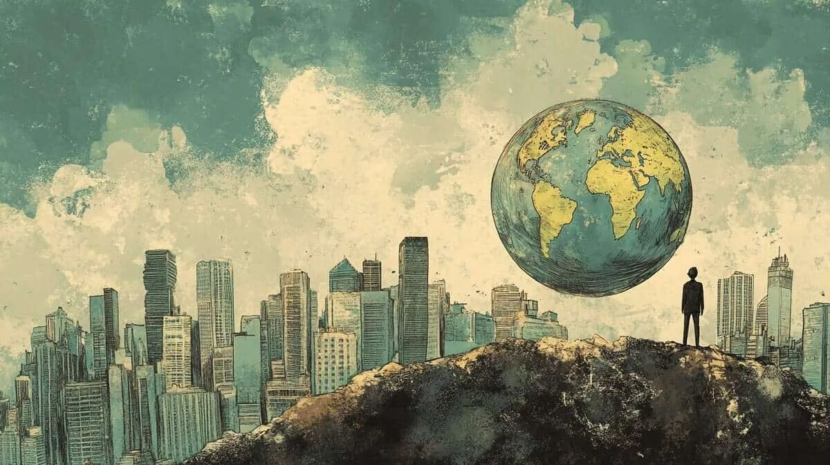 Person standing on a hill overlooking a city with a floating Earth.