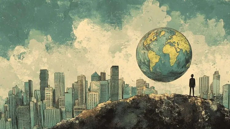 Person standing on a hill overlooking a city with a floating Earth.