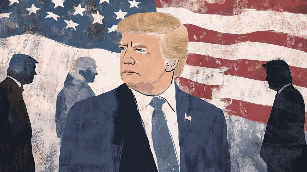 Illustration of Donald Trump in front of the US flag, with dark silhouettes of men around him.