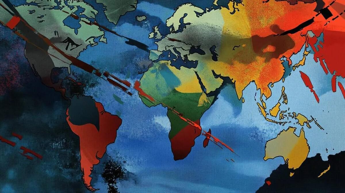 World map showing climate change impacts and rising sea levels.