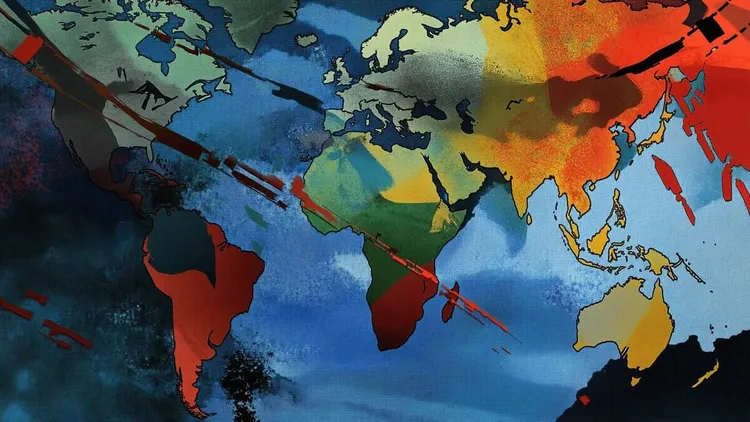 World map showing climate change impacts and rising sea levels.