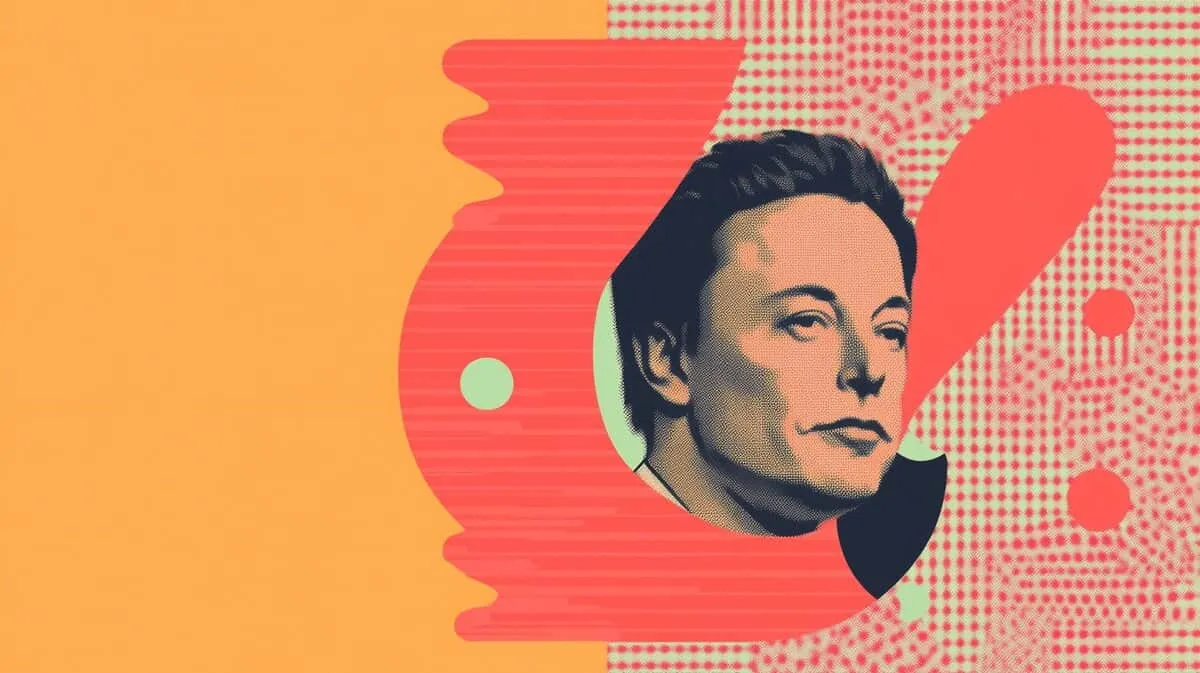 Pop-art illustration of Elon Musk's face on an orange and red background.