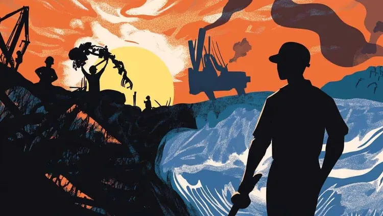 Worker silhouette against polluted landscape with factory emissions.