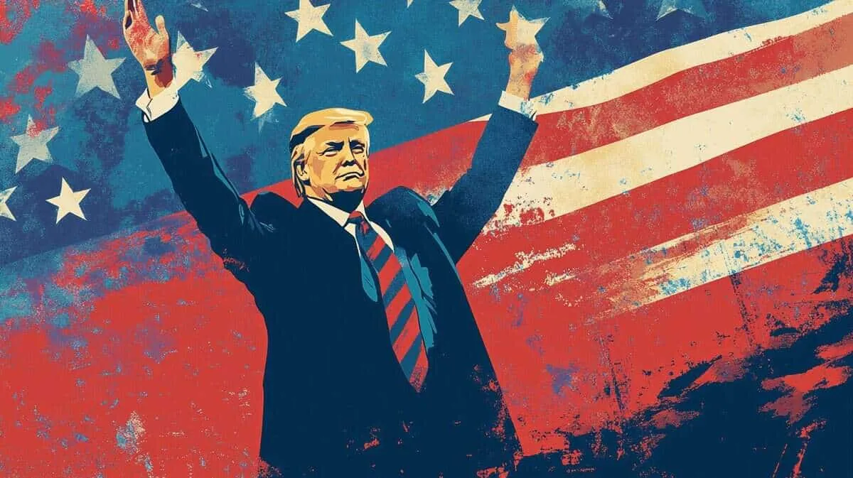 Illustration of Donald Trump raising both arms in front of a weathered US flag.