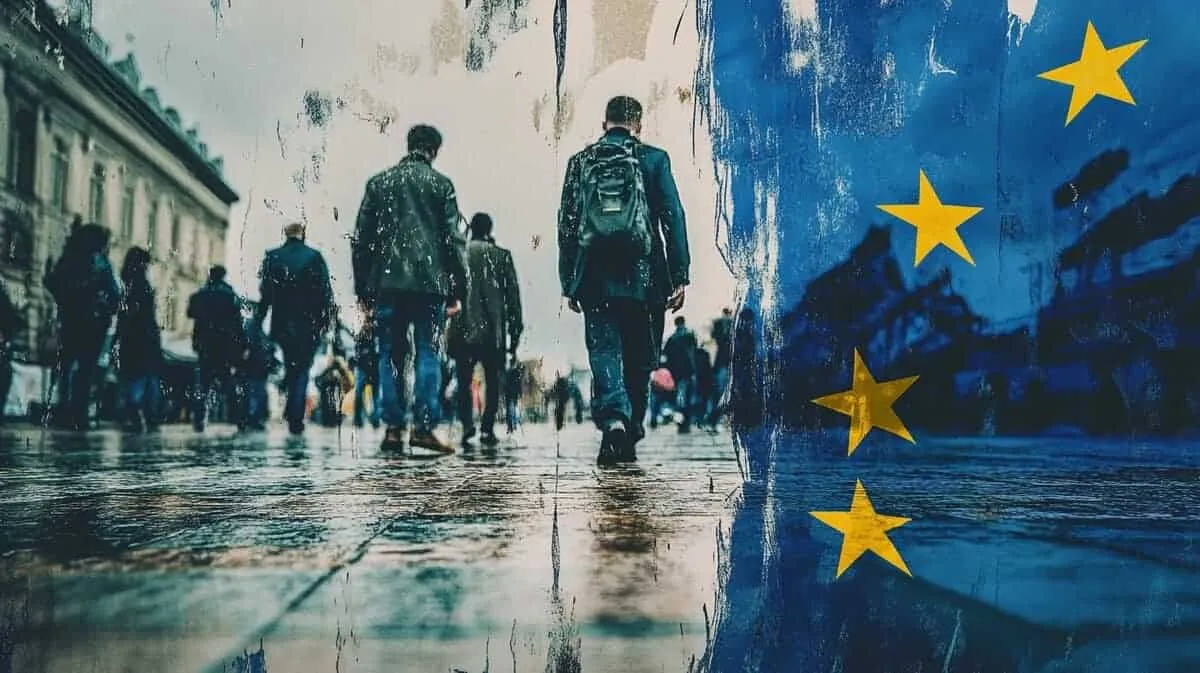 European Union flag and pedestrians walking in the rain.