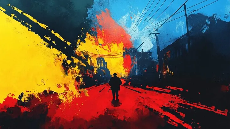 Urban street scene with vibrant colours, silhouette of a person walking.