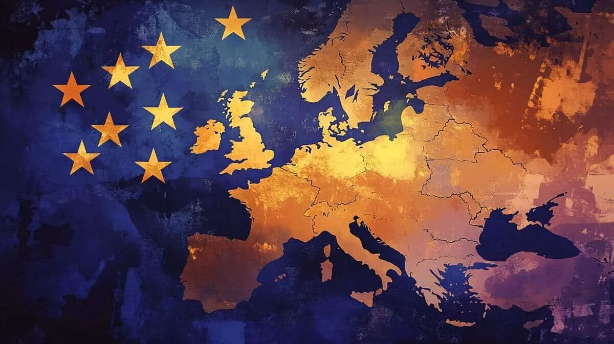 Map of Europe with EU flag overlay, representing European unity and politics.