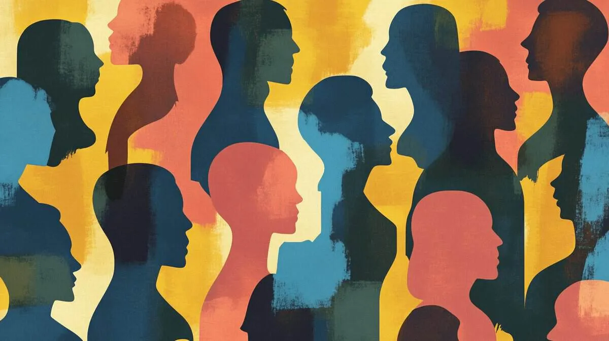 Multiple silhouettes of people in profile, in various colours and sizes.