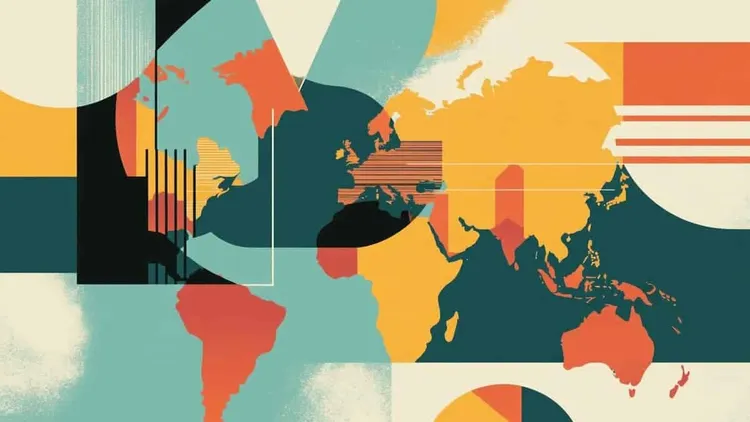 Abstract world map with economic and social data visualisation.