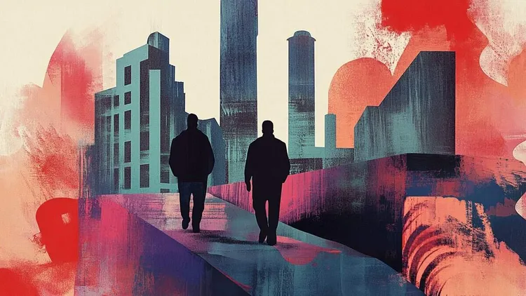 Two men walking in a cityscape.