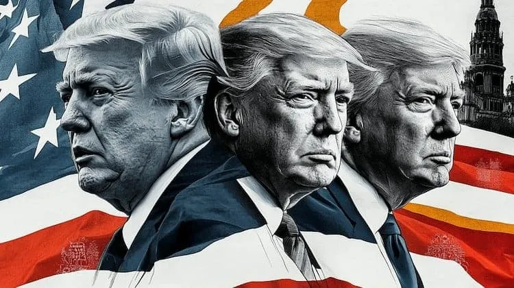 Illustration of three profiles of Donald Trump against the US flag.