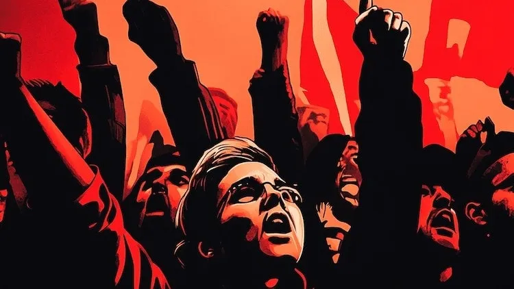 Protesters raising fists in demonstration.