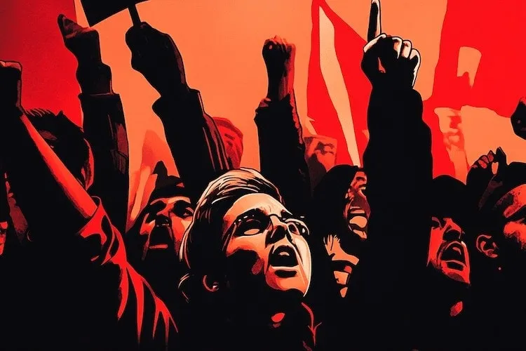 Protesters raising fists in demonstration, Social Europe.