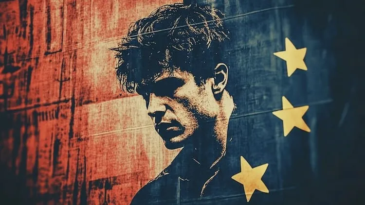 Young man with messy hair, European flag background.