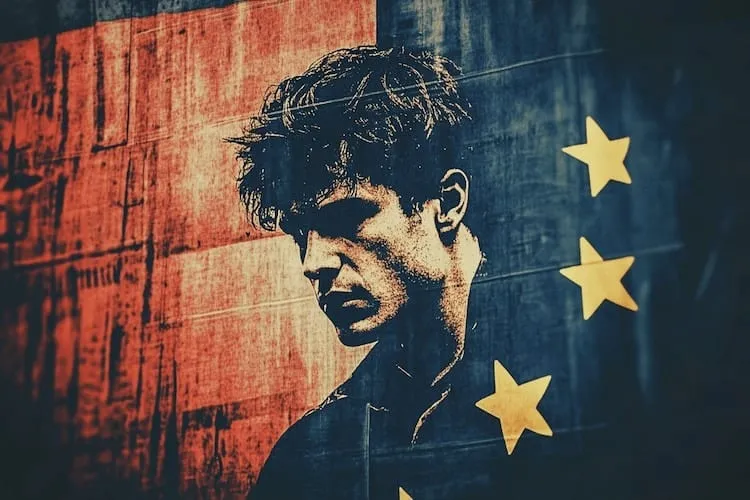 Young man with messy hair, European flag background.