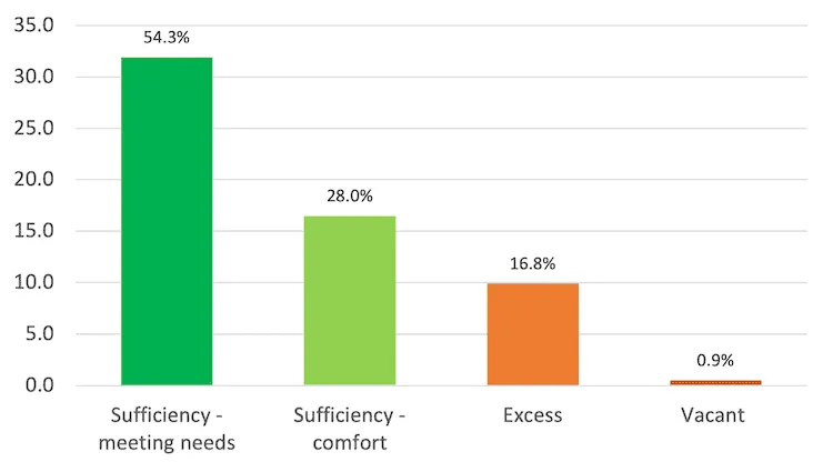 Bar chart of household CO2 emission shares by group: meeting needs 54.3%, comfort 28.0%, excess 16.8%, vacant 0.9%.