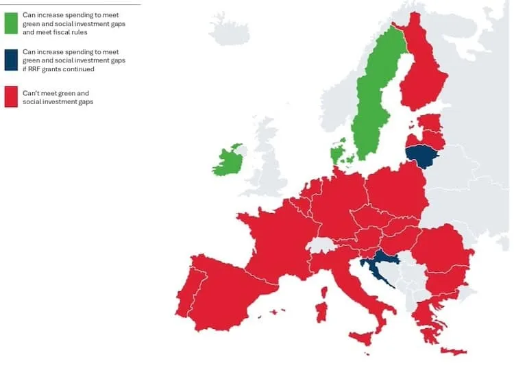 Map of EU countries by ability to meet green and social investment gaps under fiscal rules and continued RRF grants. Source: ETUC.