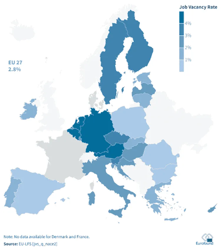 Choropleth map of EU job vacancy rates in Q1 2023, with EU27 average at 2.8%. Source: Eurofound.