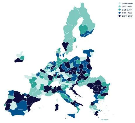Map of EU regions shaded by a transition-risk vulnerability index, in five bands from 0 to 0.907.