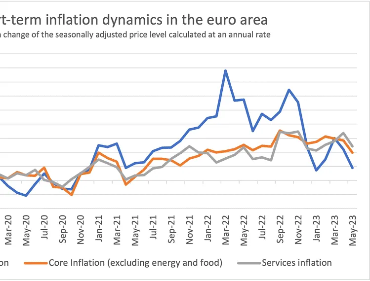 Line chart of annual rate of change in euro area inflation, including core and services inflation, from March 2020 to May 2023.