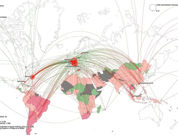World map showing international financial flows with lines connecting countries.