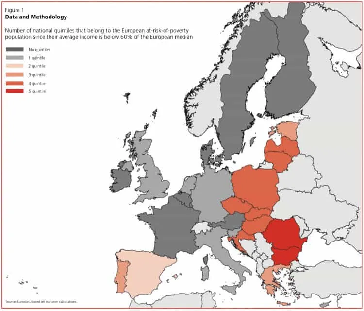 Map of Europe showing quintiles of national populations below 60% of European median income, with a legend from no quintiles to 5 quintiles.