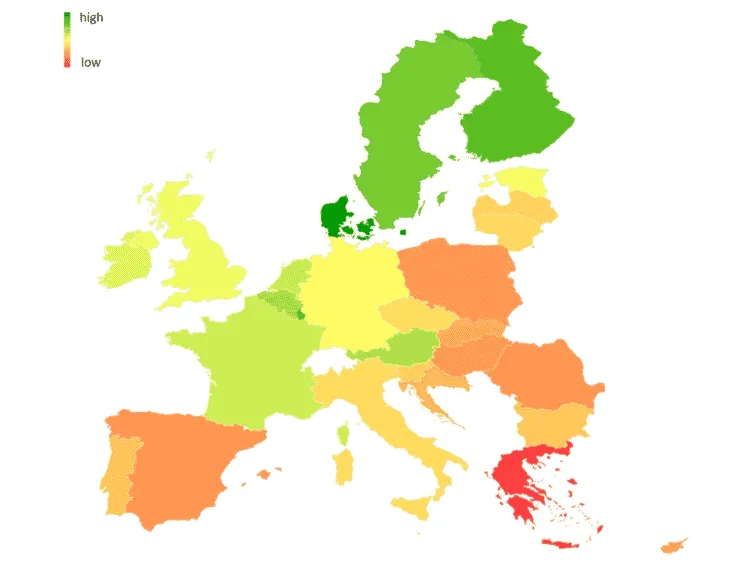 Map of Europe showing overall job quality in 2015, with countries colored from red (low) to green (high).