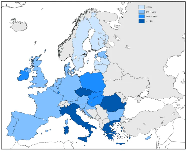 Choropleth map of Europe showing gender employment gap percentages by country, with categories: <5%, 5-10%, 10-15%, >15%.