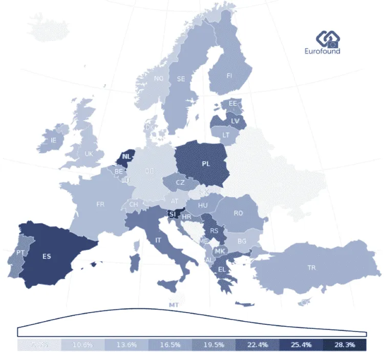 Choropleth map of the EU showing the percentage of people who felt they may lose their job in the next six months. Source: Eurofound.