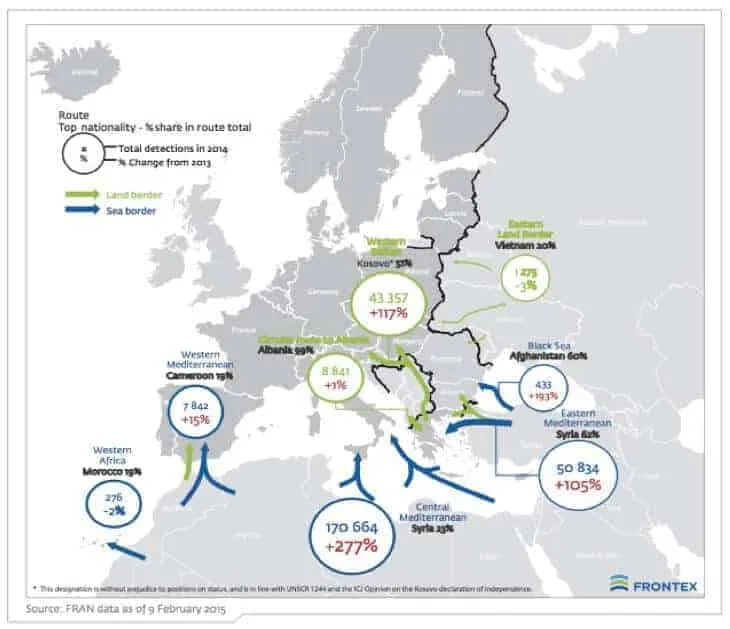 Frontex map of irregular border crossing detections by EU land and sea route in 2014, top nationalities and change from 2013.