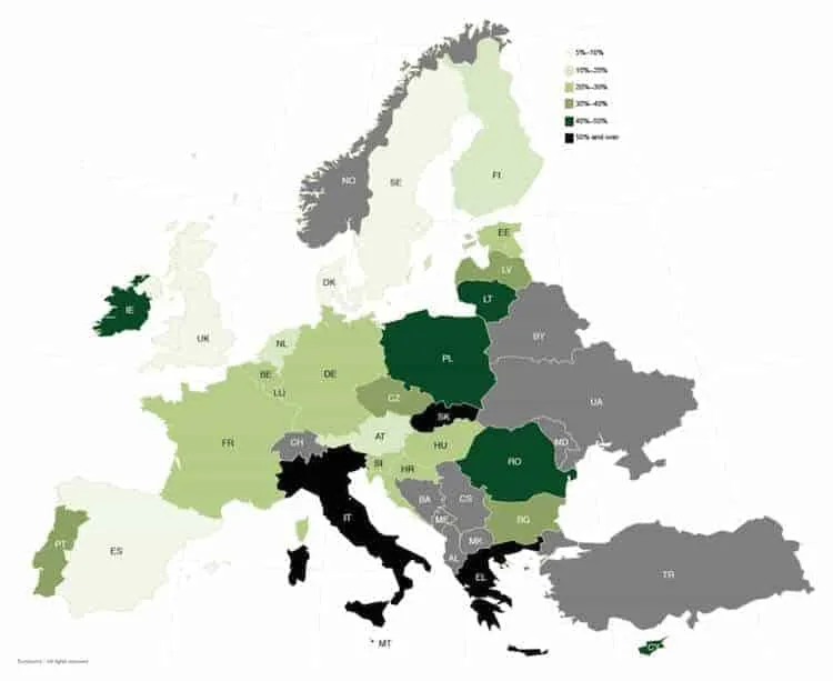 Map of Europe shading countries by share of people reporting difficulty accessing healthcare, in bands from 5% to over 50%.