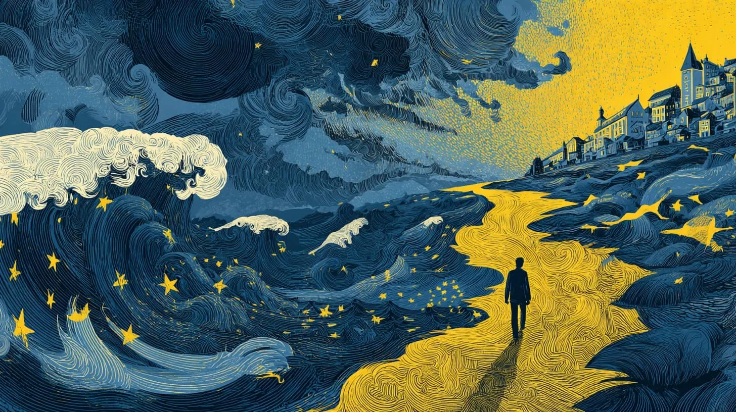Stormy sea with dark clouds and a person walking on a yellow path.