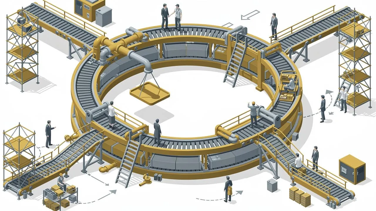 Isometric illustration of a circular conveyor belt with workers, ladders and scaffolding towers.