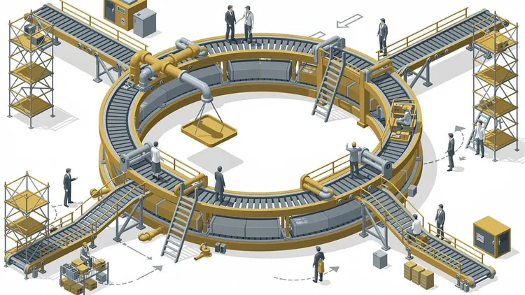 Isometric illustration of a circular conveyor belt with workers, ladders and scaffolding towers.