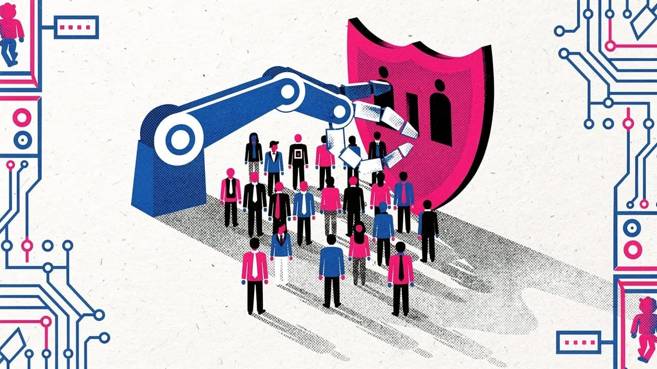 Robotic arm guarding a group of people with a shield symbolising data security.